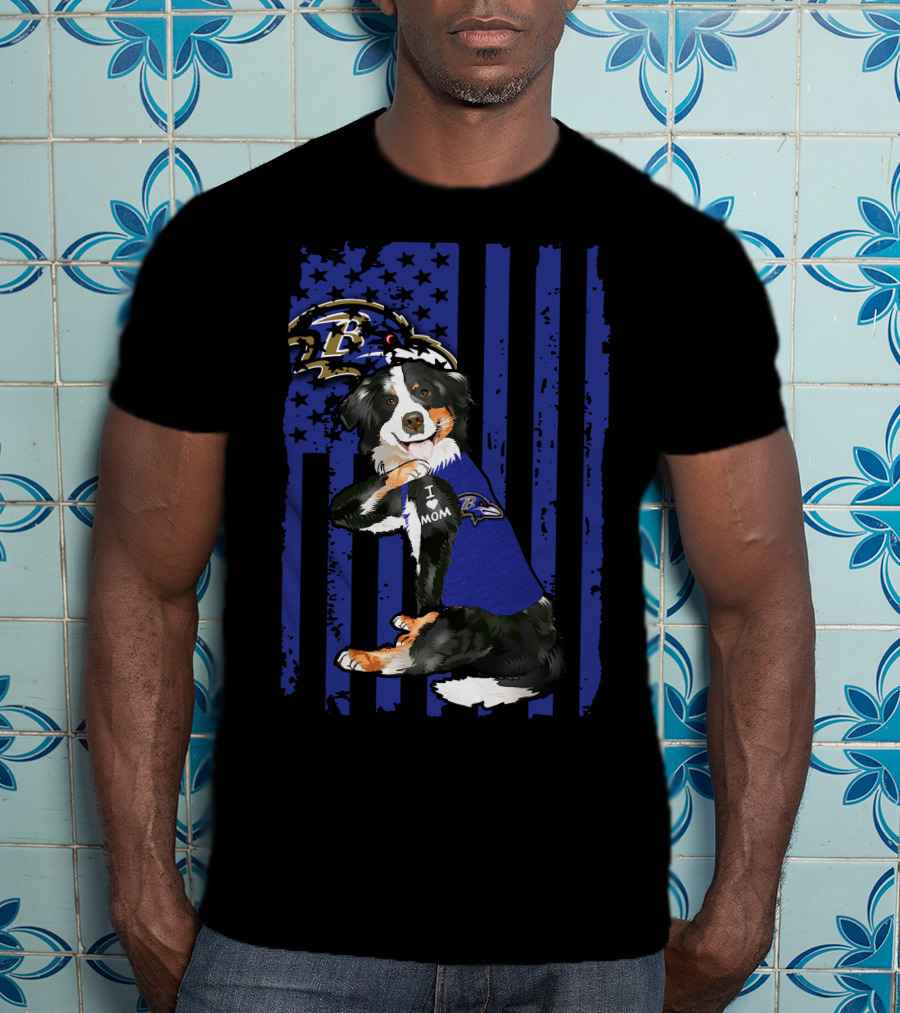 Border Collie I Love Mom Baltimore Ravens Flag T-Shirt