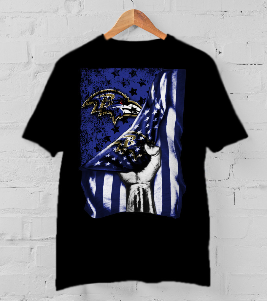 Baltimore Ravens Flag Stars Fist Ravens Logo Blue White T-Shirt