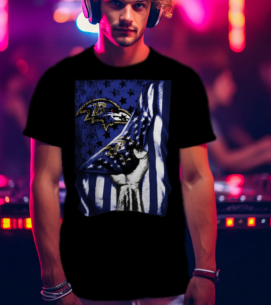 Baltimore Ravens Flag Stars Fist Ravens Logo Blue White T-Shirt