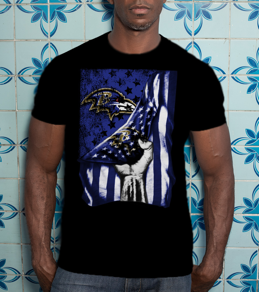 Baltimore Ravens Flag Stars Fist Ravens Logo Blue White T-Shirt