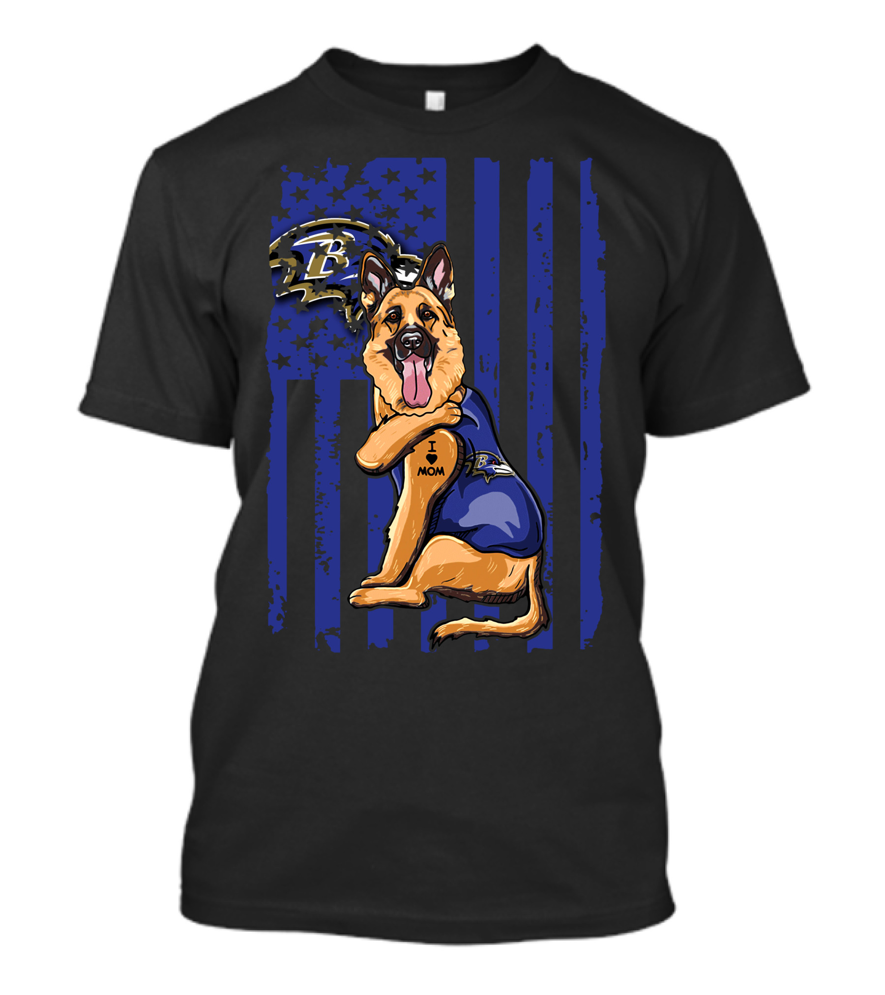 German Shepherd I Love Mom Baltimore Ravens Fan Flag Stars And Stripes T-Shirt