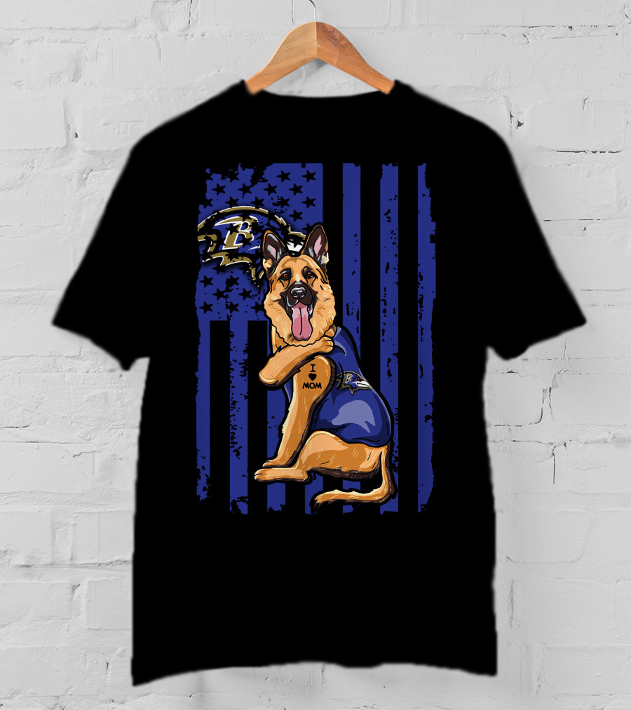 German Shepherd I Love Mom Baltimore Ravens Fan Flag Stars And Stripes T-Shirt