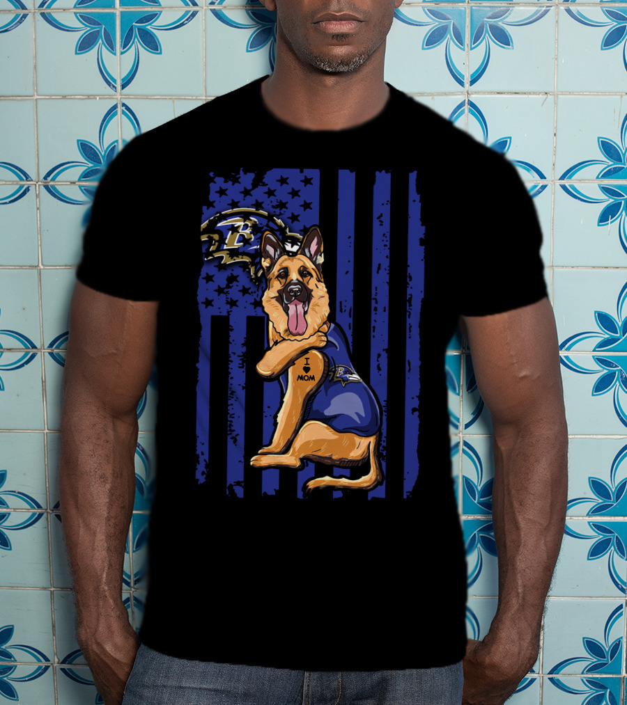 German Shepherd I Love Mom Baltimore Ravens Fan Flag Stars And Stripes T-Shirt