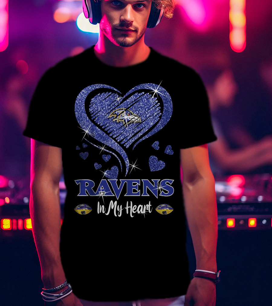 Ravens In My Heart Baltimore Ravens Heart Logo With Sparkling Effect T-Shirt