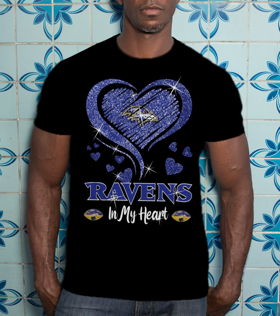 Ravens In My Heart Baltimore Ravens Heart Logo With Sparkling Effect T-Shirt