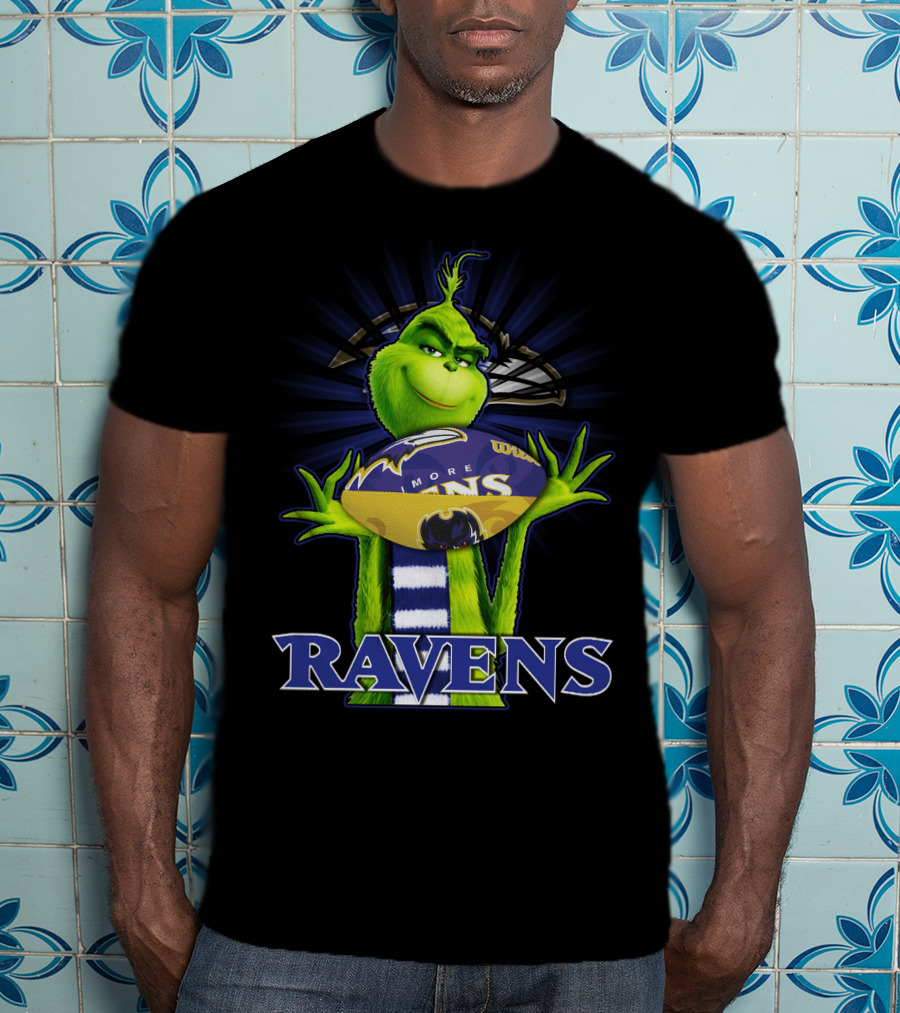 Grinch Holding Baltimore Ravens Football With Ravens Text T-Shirt