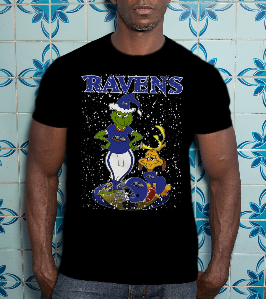 Grinchxmas Ravens Baltimore Football Holiday Scene T-Shirt