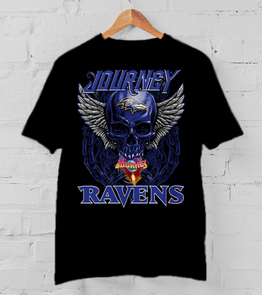Journey Baltimore Ravens Skull Wings Logo Flames T-Shirt