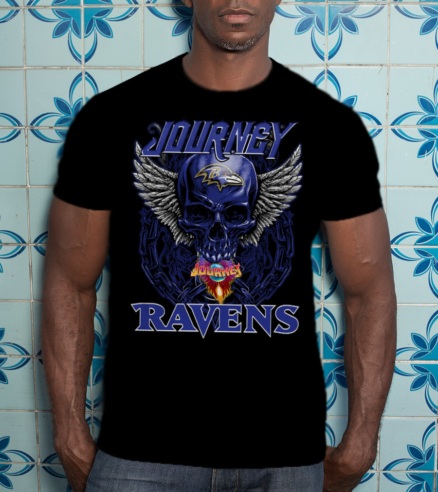 Journey Baltimore Ravens Skull Wings Logo Flames T-Shirt