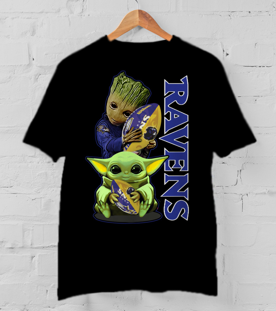 Grzd Baltimore Ravens Baby Yoda And Groot Ravens Football T-Shirt