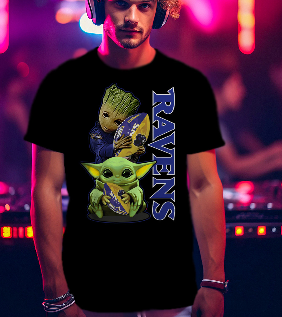 Grzd Baltimore Ravens Baby Yoda And Groot Ravens Football T-Shirt