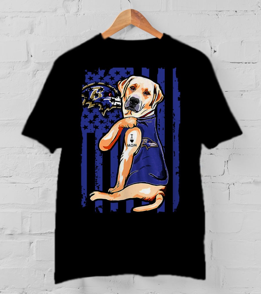 Labrador Retriever In Baltimore Ravens Jersey With I Love Mom Tattoo T-Shirt