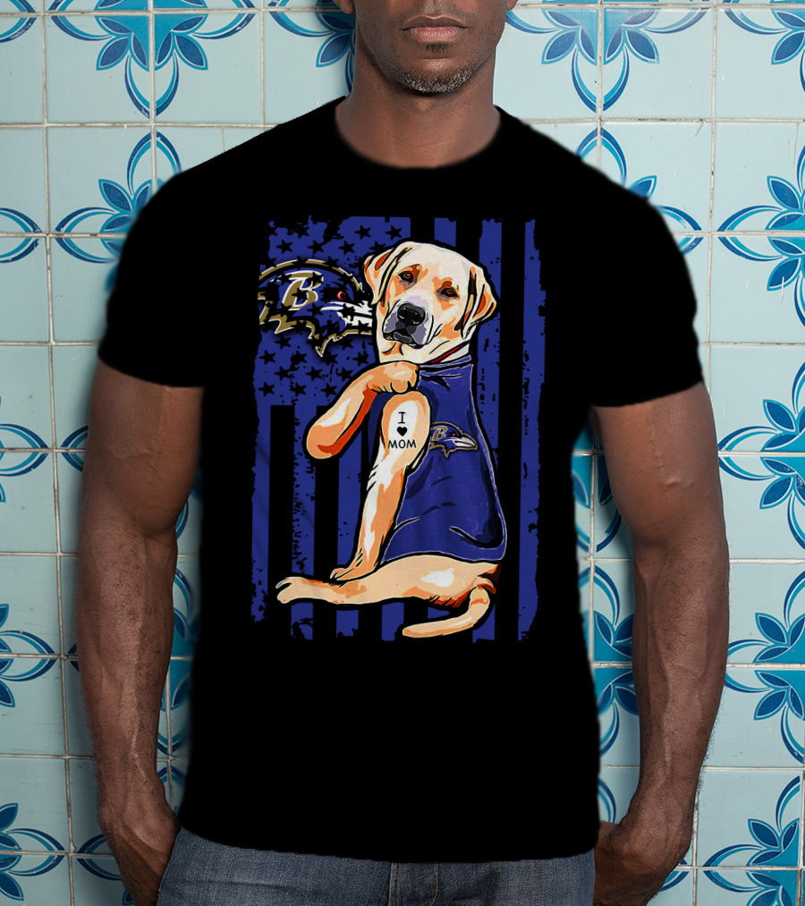 Labrador Retriever In Baltimore Ravens Jersey With I Love Mom Tattoo T-Shirt