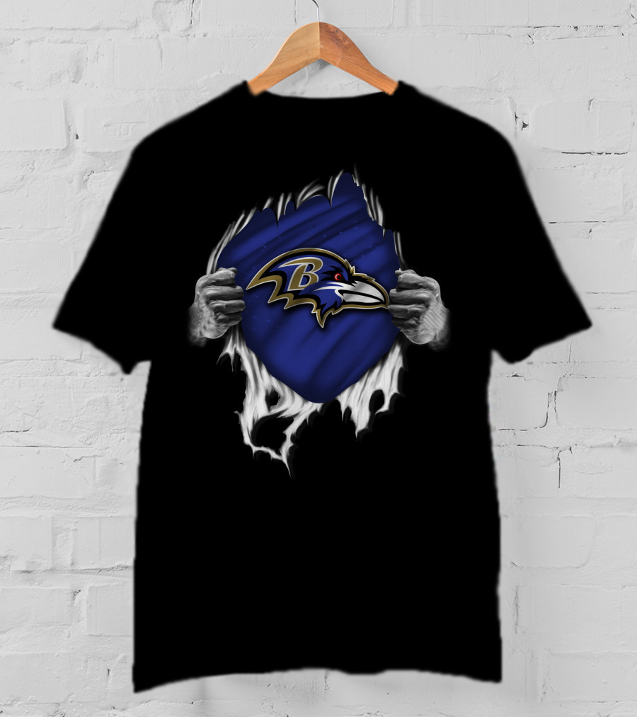 Torn Baltimore Ravens Logo Revealed By Ripped Hands T-Shirt