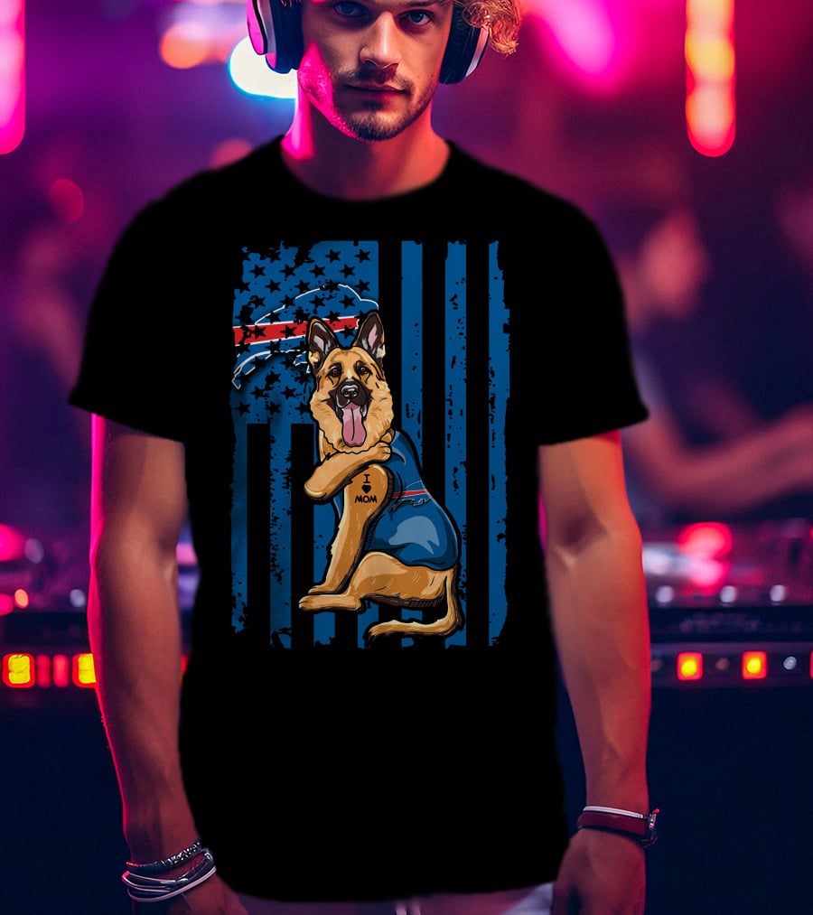 German Shepherd I Love Mom Buffalo Bills USA Flag T-Shirt