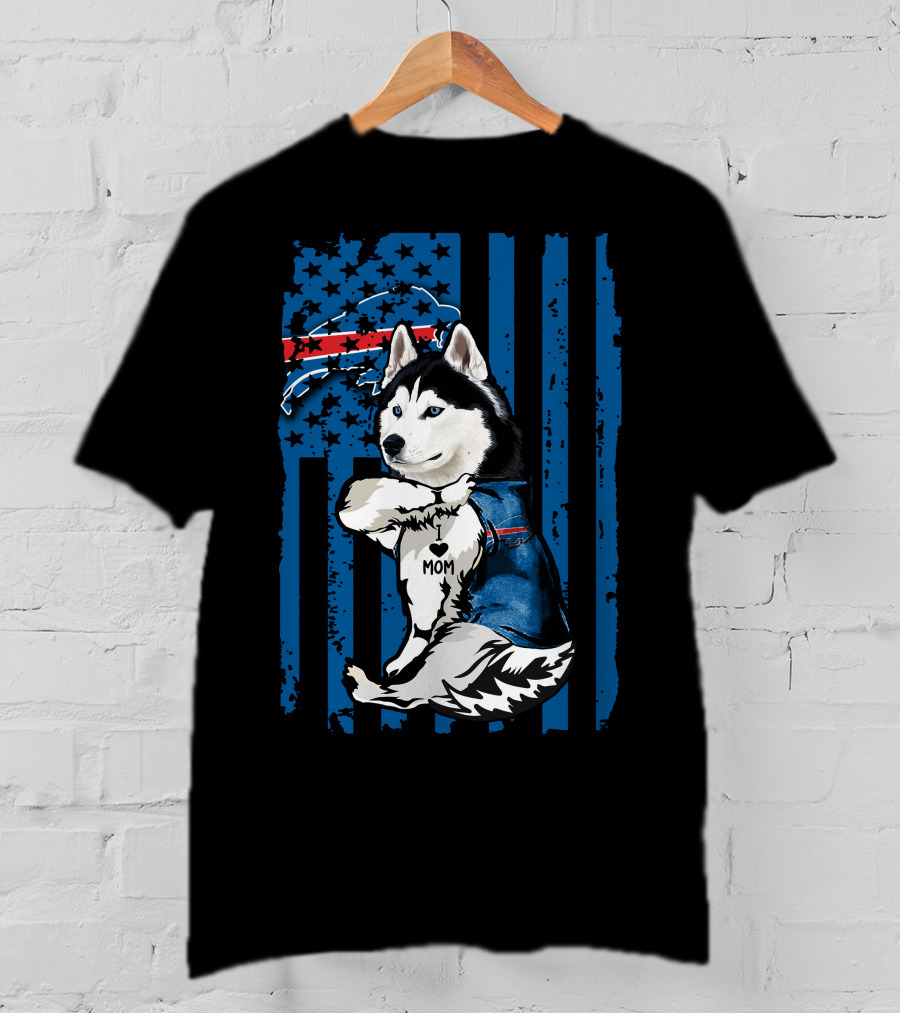 Siberian Husky Mom Buffalo Bills Blue Stars American Flag T-Shirt