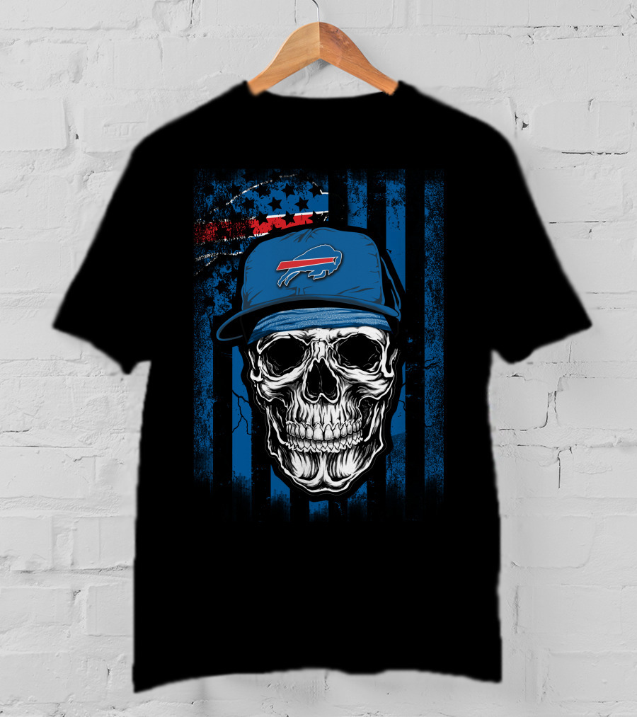 Buffalo Bills Skull With Cap American Flag Background T-Shirt