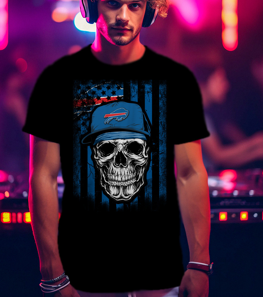 Buffalo Bills Skull With Cap American Flag Background T-Shirt