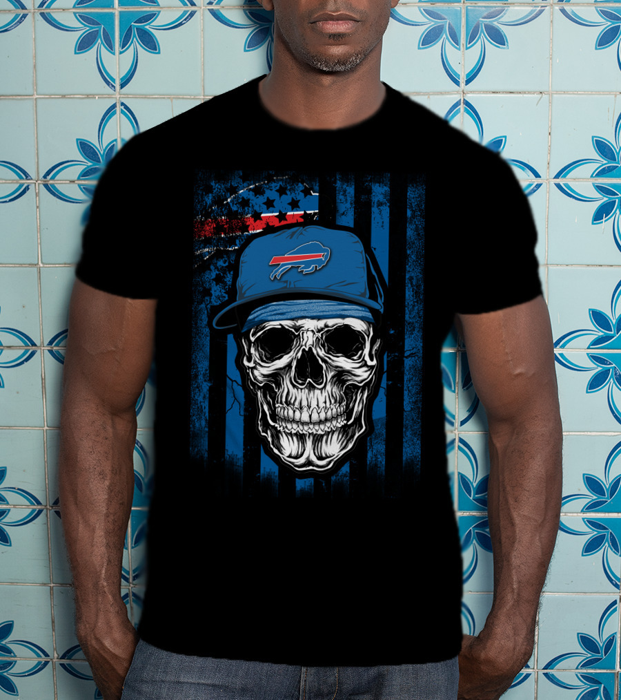 Buffalo Bills Skull With Cap American Flag Background T-Shirt