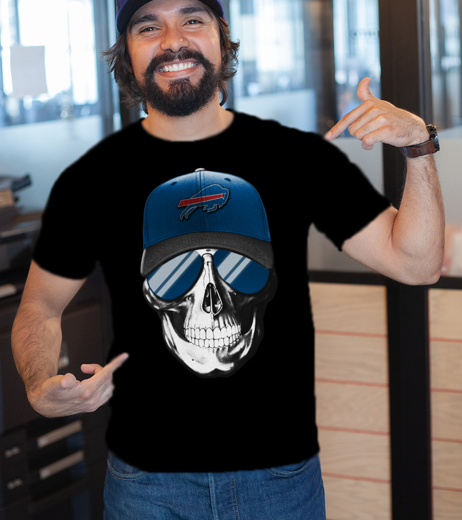 Buffalo Bills Skull With Blue Cap And Sunglasses Iconic T-Shirt