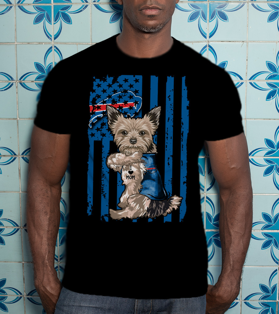 Yorkshire Terrier With I Love Mom Vest And Buffalo Bills Logo On American Flag Background T-Shirt