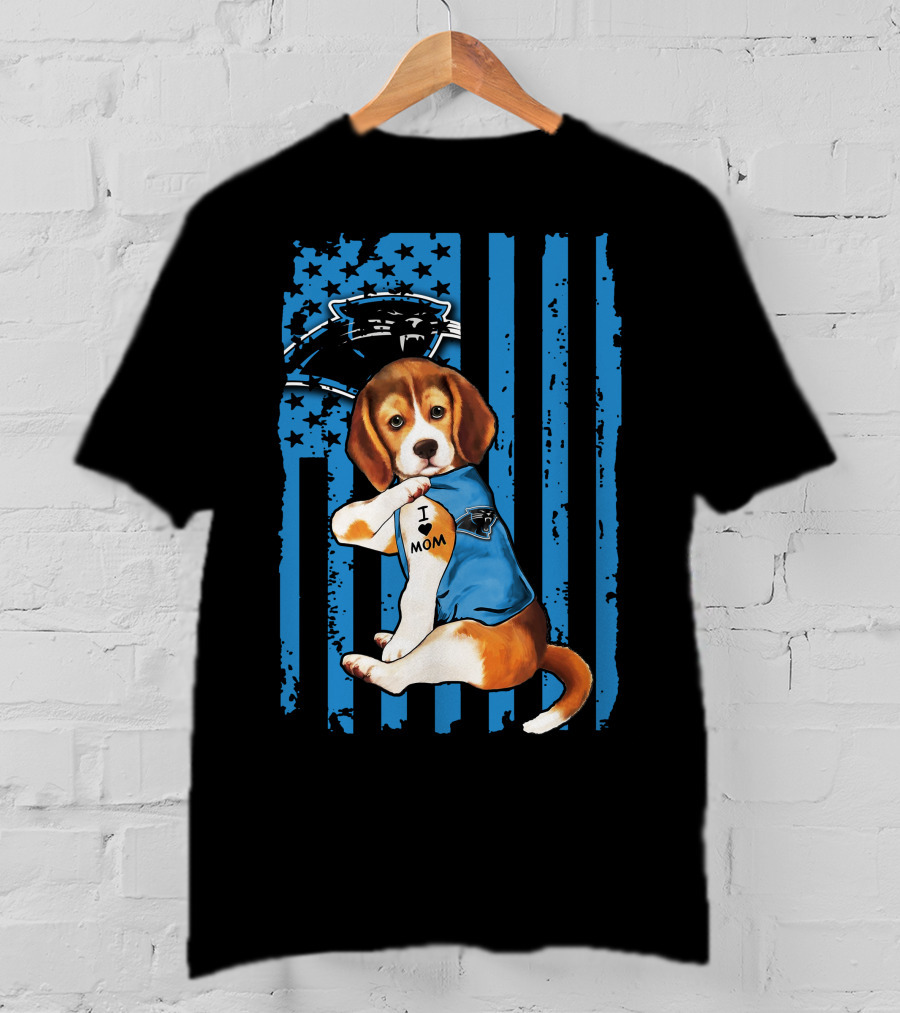 Beagle Carolina Panthers I Love Mom Tattoo American Flag T-Shirt