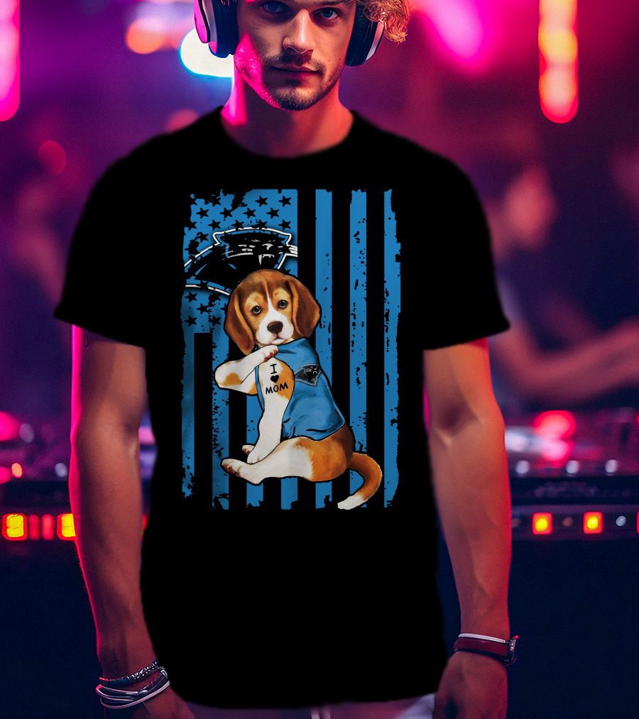 Beagle Carolina Panthers I Love Mom Tattoo American Flag T-Shirt