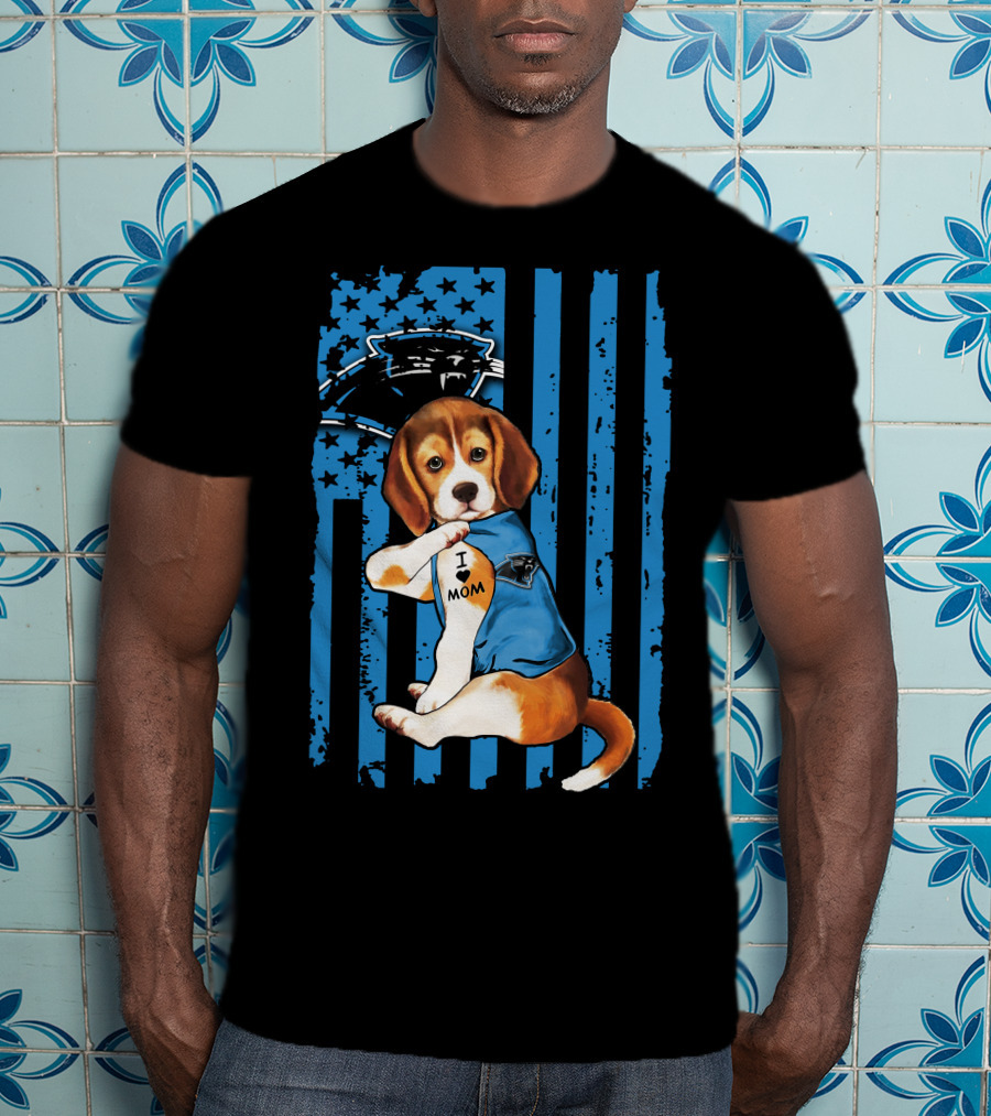 Beagle Carolina Panthers I Love Mom Tattoo American Flag T-Shirt