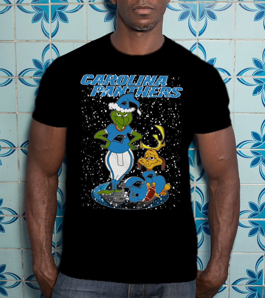 CAROLINA PANTHERS Grinch Christmas Snow Scene With Grinch And Max T-Shirt
