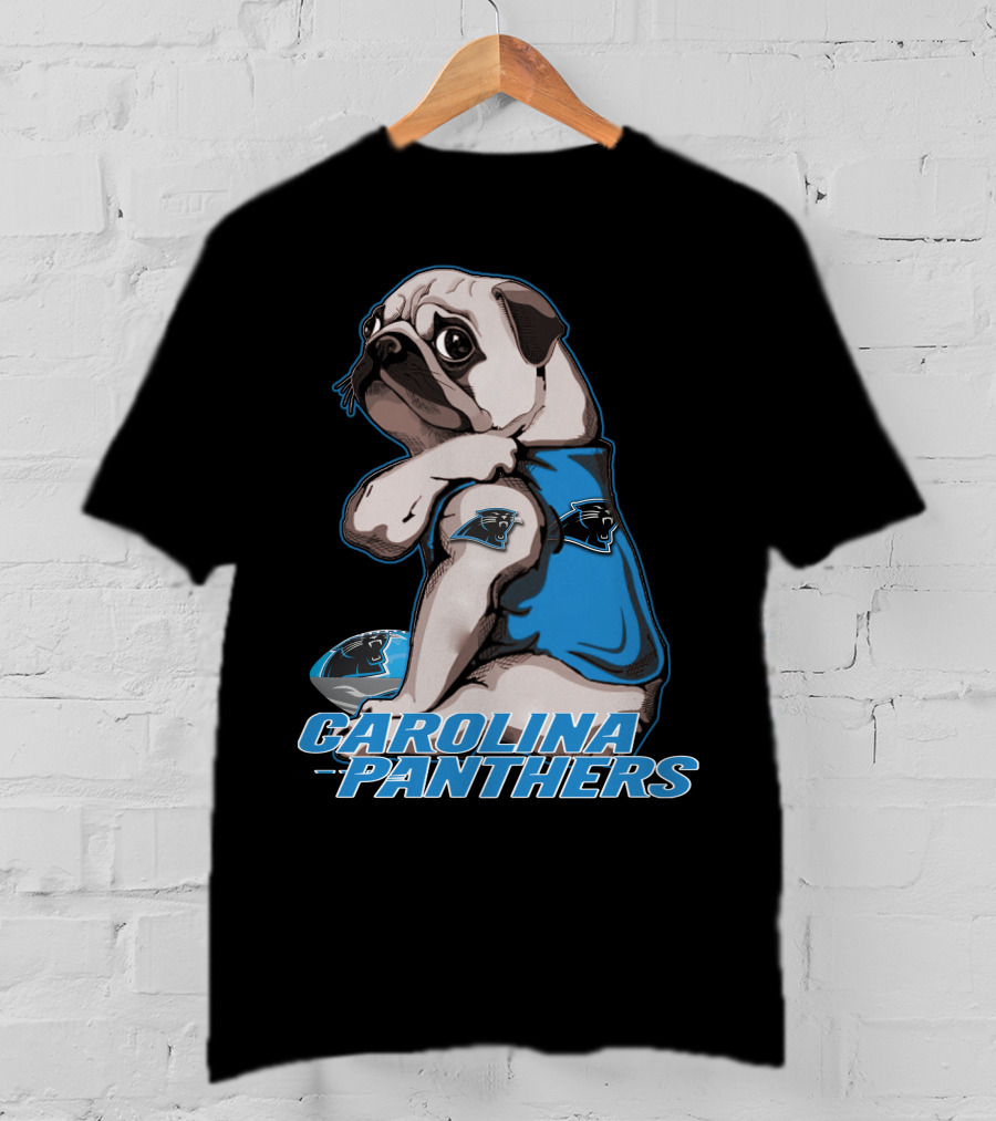 Pug Wearing Carolina Panthers Jersey With Football And Team T-Shirt