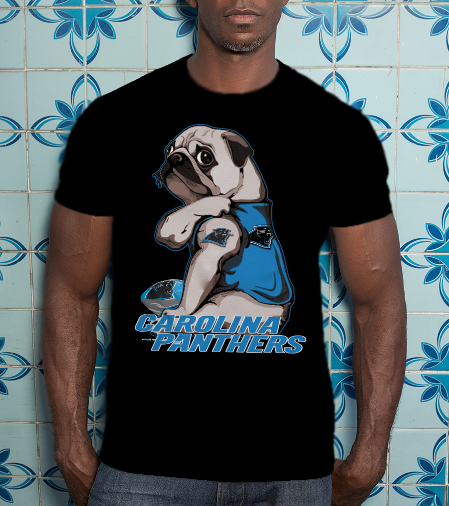 Pug Wearing Carolina Panthers Jersey With Football And Team T-Shirt