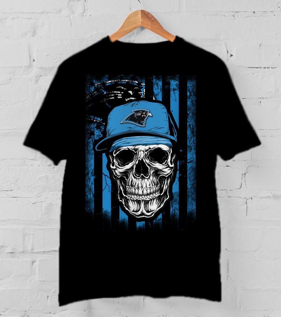 Skull Wearing Carolina Panthers Hat With Blue And Black Stripes T-Shirt