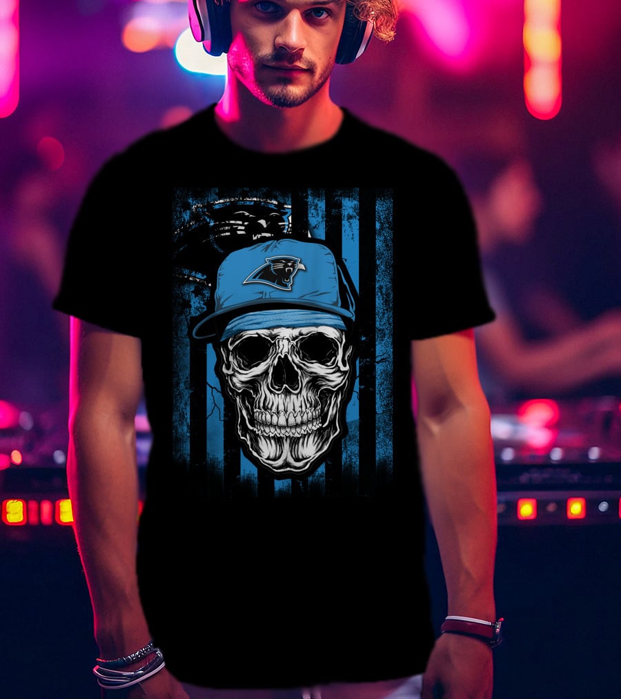 Skull Wearing Carolina Panthers Hat With Blue And Black Stripes T-Shirt