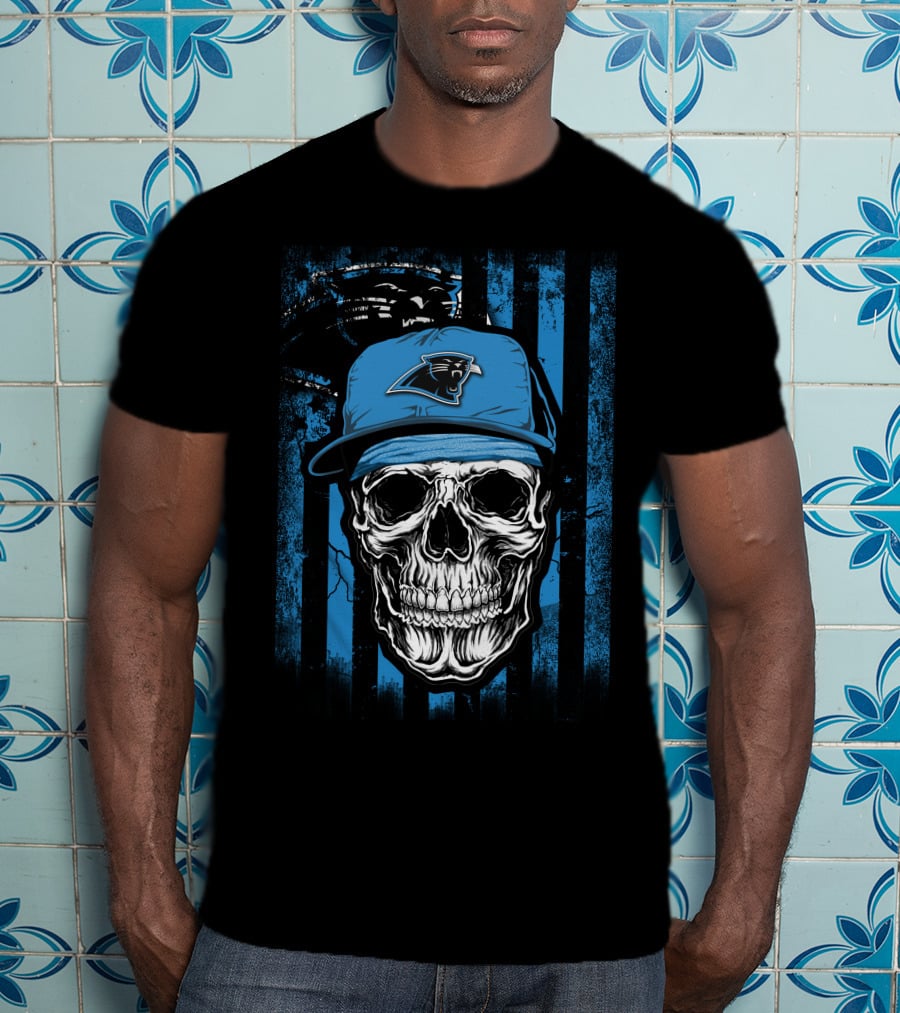 Skull Wearing Carolina Panthers Hat With Blue And Black Stripes T-Shirt