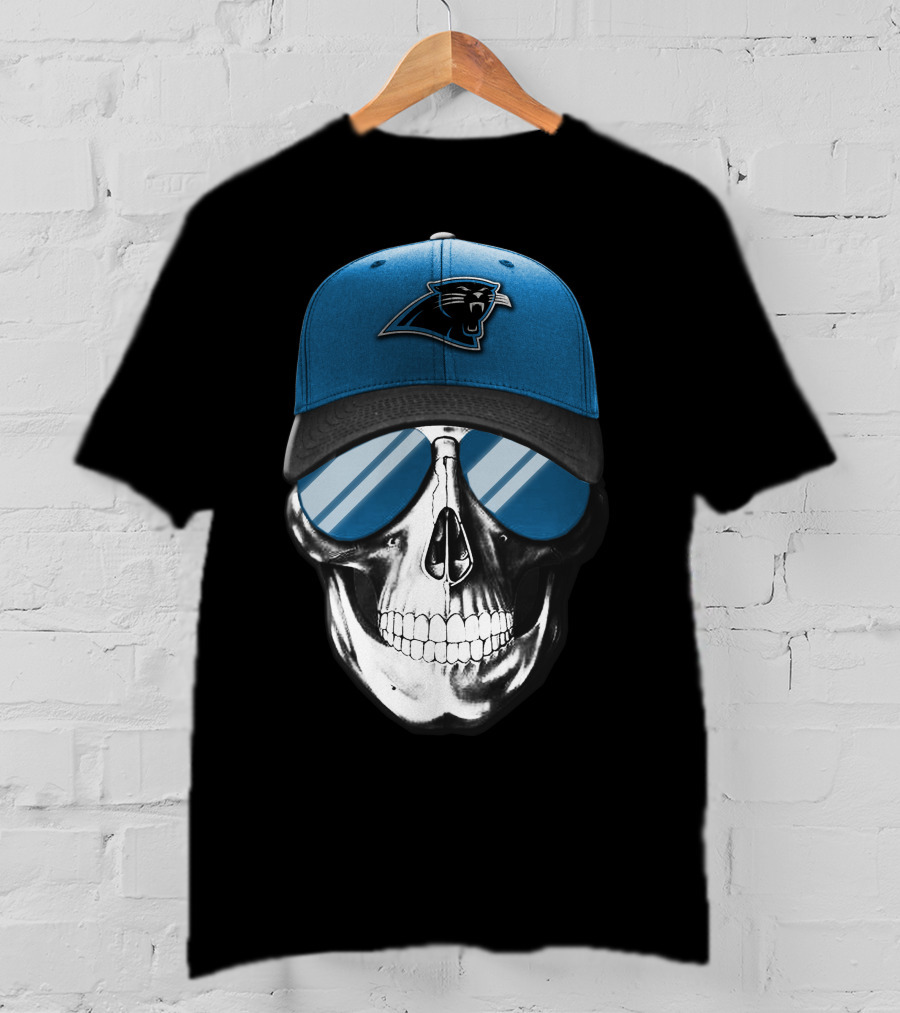 Skull With Blue Hat Featuring Carolina Panthers Logo And Reflective Sunglasses T-Shirt