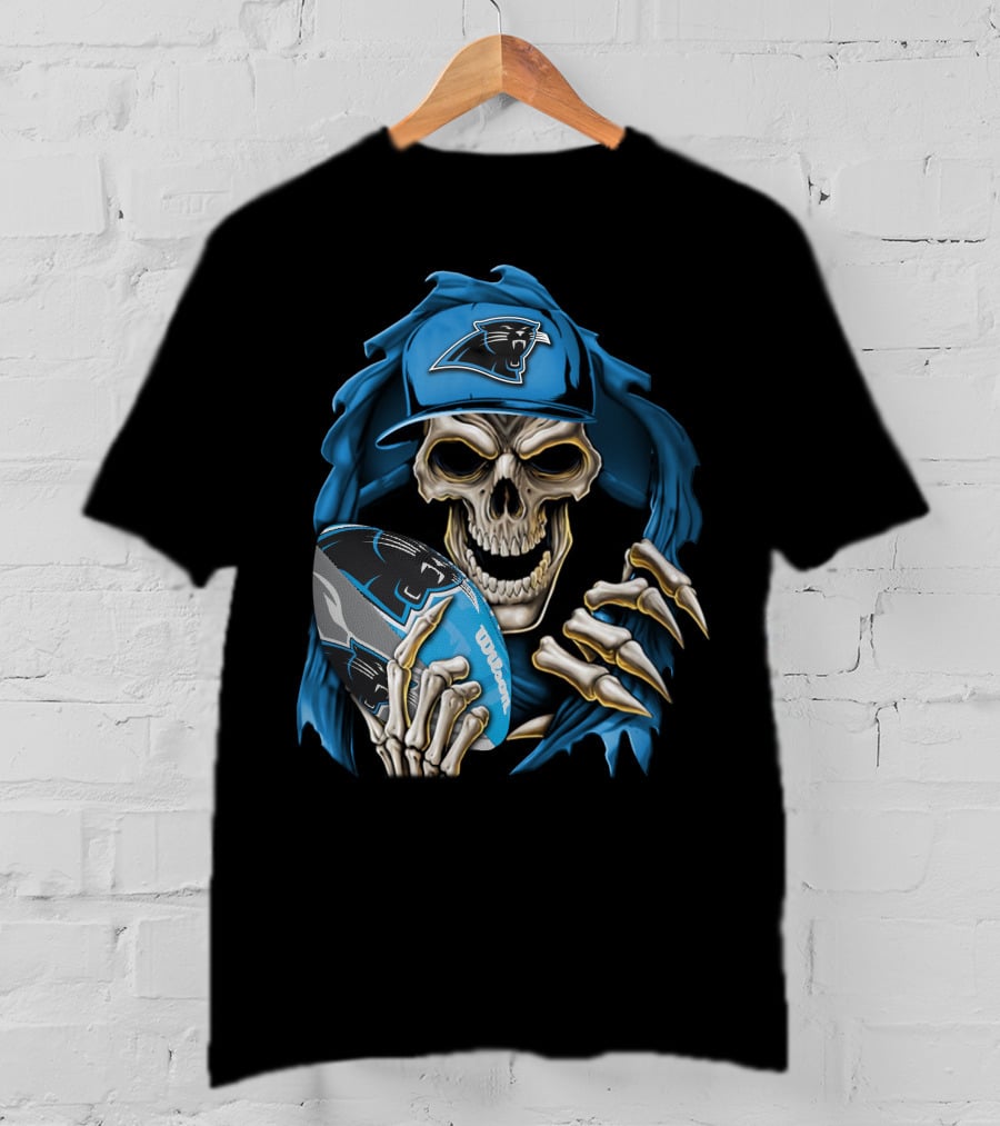 Skullbong Carolina Panthers Football Skeleton With Cap And Ball T-Shirt
