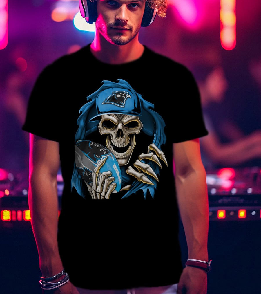 Skullbong Carolina Panthers Football Skeleton With Cap And Ball T-Shirt