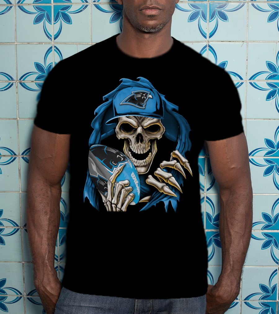 Skullbong Carolina Panthers Football Skeleton With Cap And Ball T-Shirt