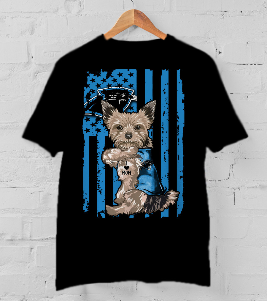 Yorkshire Terrier I Love Mom With Carolina Panthers Flag T-Shirt