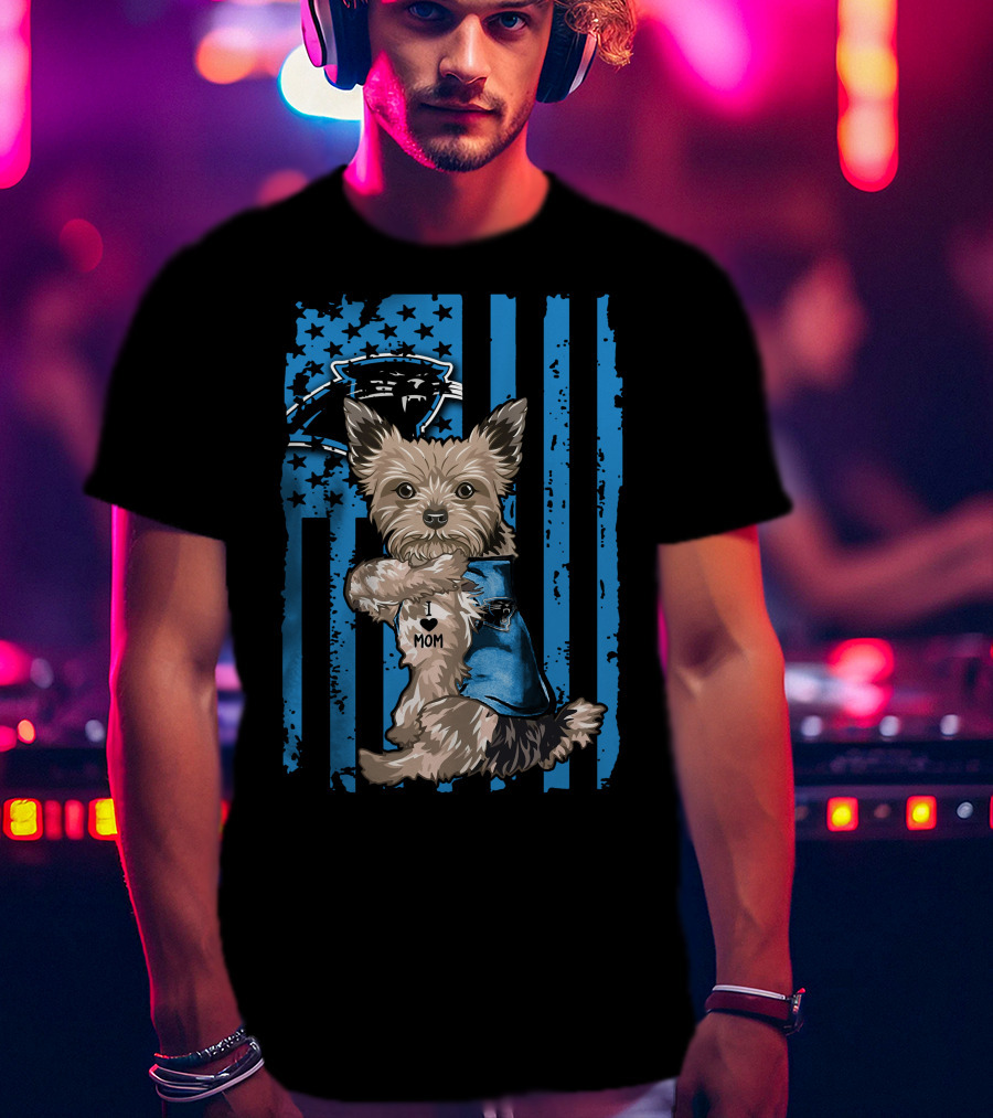 Yorkshire Terrier I Love Mom With Carolina Panthers Flag T-Shirt