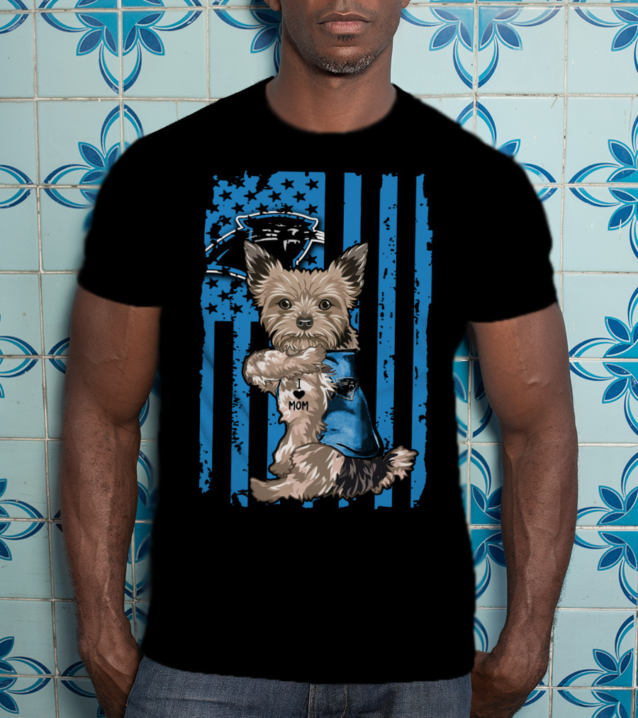 Yorkshire Terrier I Love Mom With Carolina Panthers Flag T-Shirt