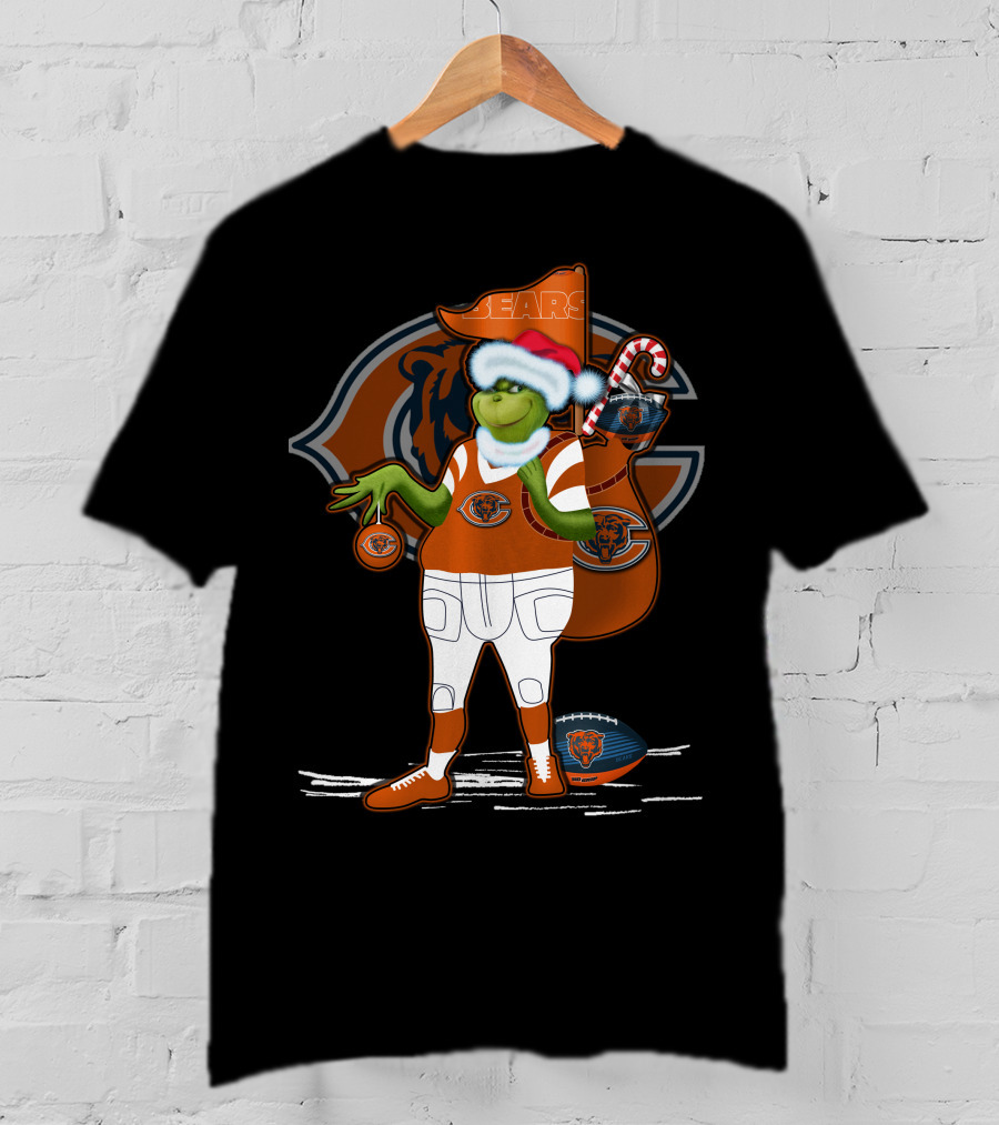 Grinchxmas Chicago Bears Santa Hat Candy Cane Football Sack T-Shirt
