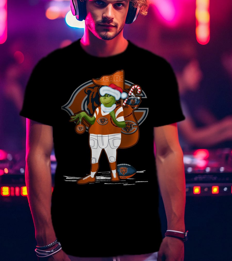 Grinchxmas Chicago Bears Santa Hat Candy Cane Football Sack T-Shirt