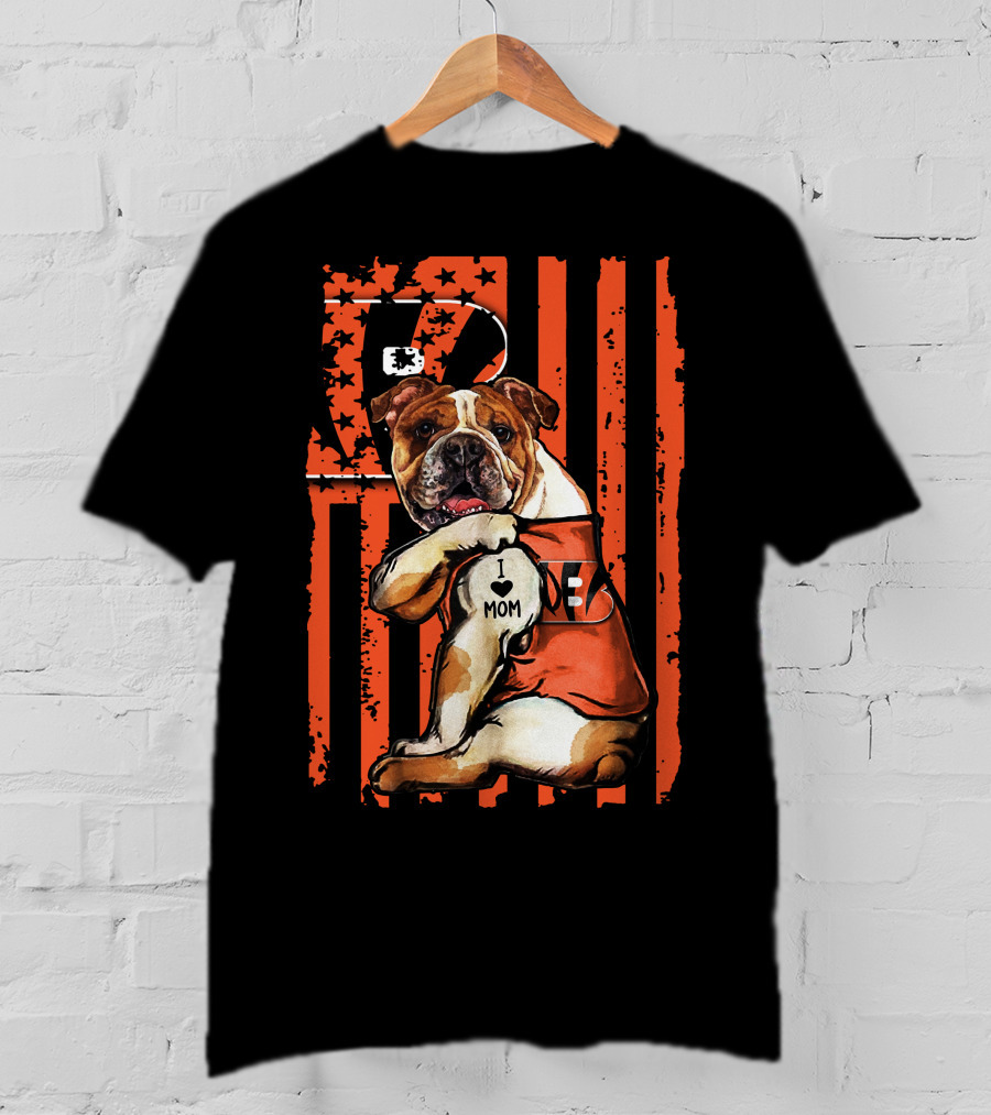 Bulldog Cincinnati Bengals I Love Mom Stripes T-Shirt