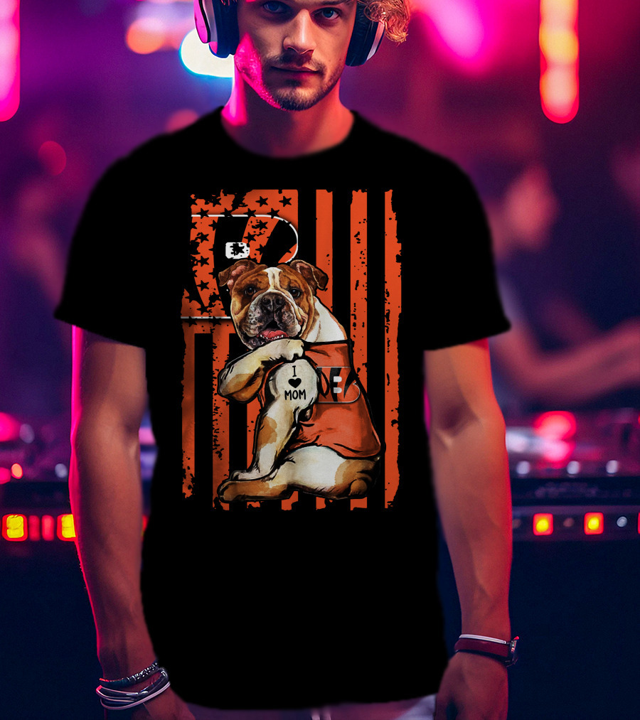 Bulldog Cincinnati Bengals I Love Mom Stripes T-Shirt