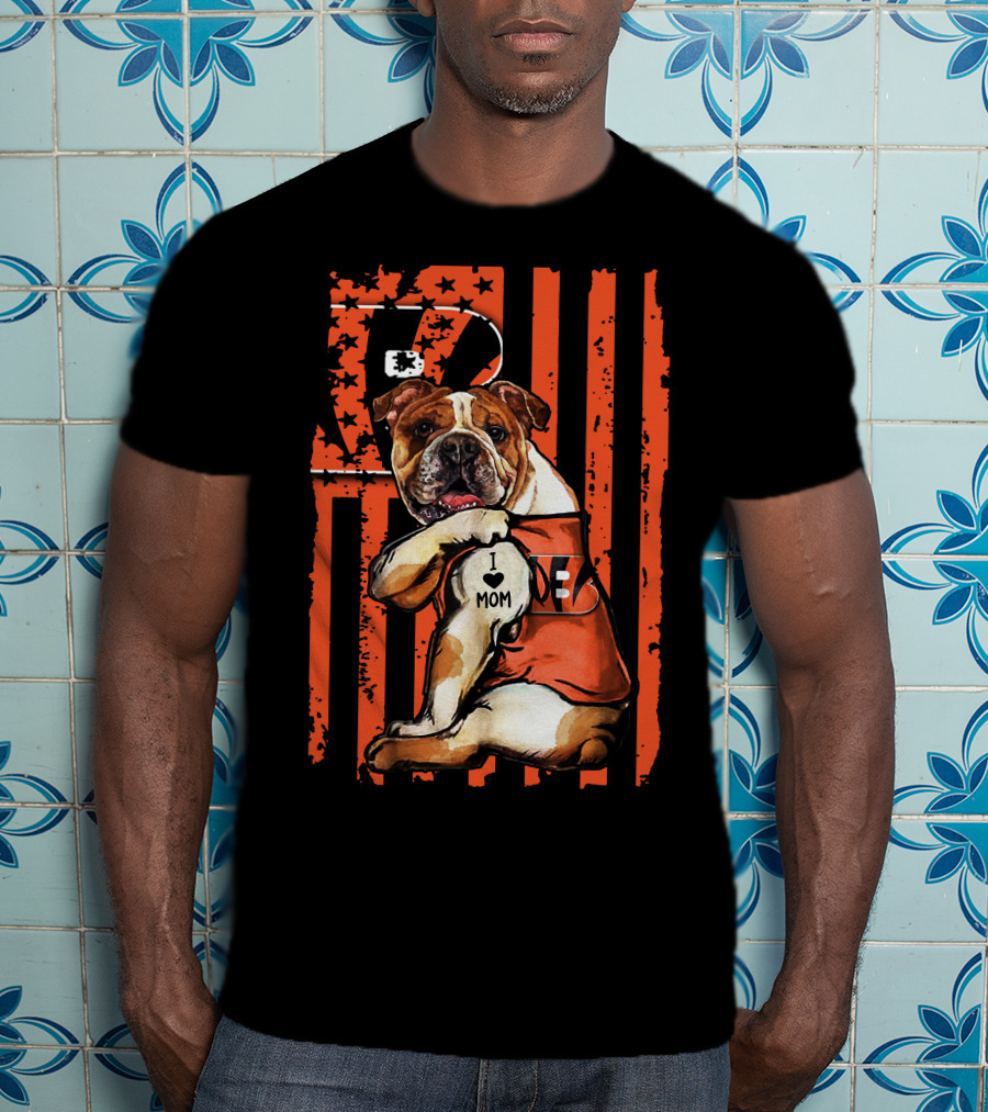Bulldog Cincinnati Bengals I Love Mom Stripes T-Shirt
