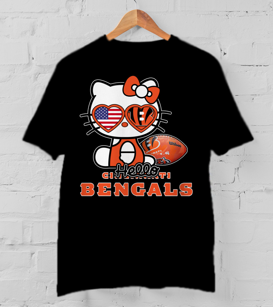 Hello Kitty Cincinnati Bengals Football Heart Glasses USA Flag T-Shirt