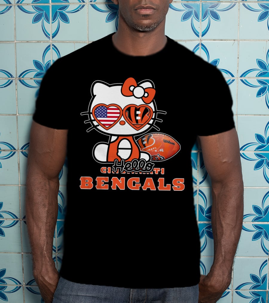 Hello Kitty Cincinnati Bengals Football Heart Glasses USA Flag T-Shirt