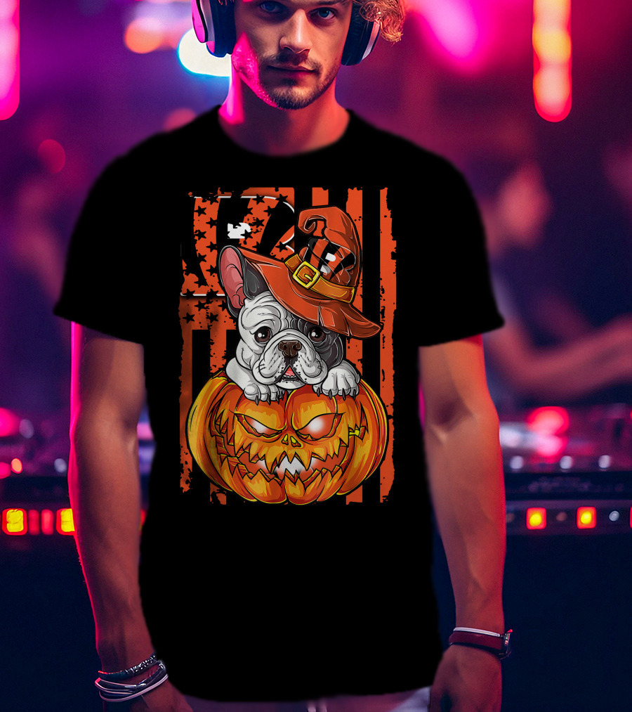 Hlw Bulldog Cincinnati Bengals Halloween Pumpkin Hat Black Orange Stars Stripes T-Shirt