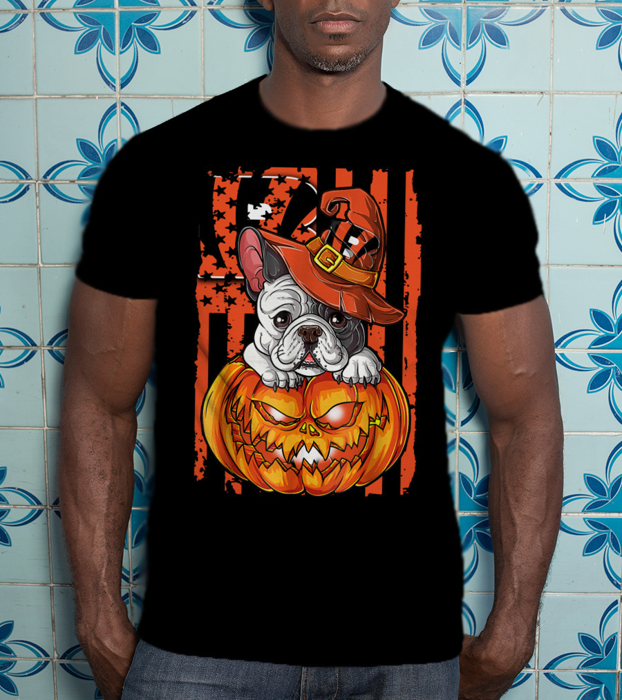 Hlw Bulldog Cincinnati Bengals Halloween Pumpkin Hat Black Orange Stars Stripes T-Shirt